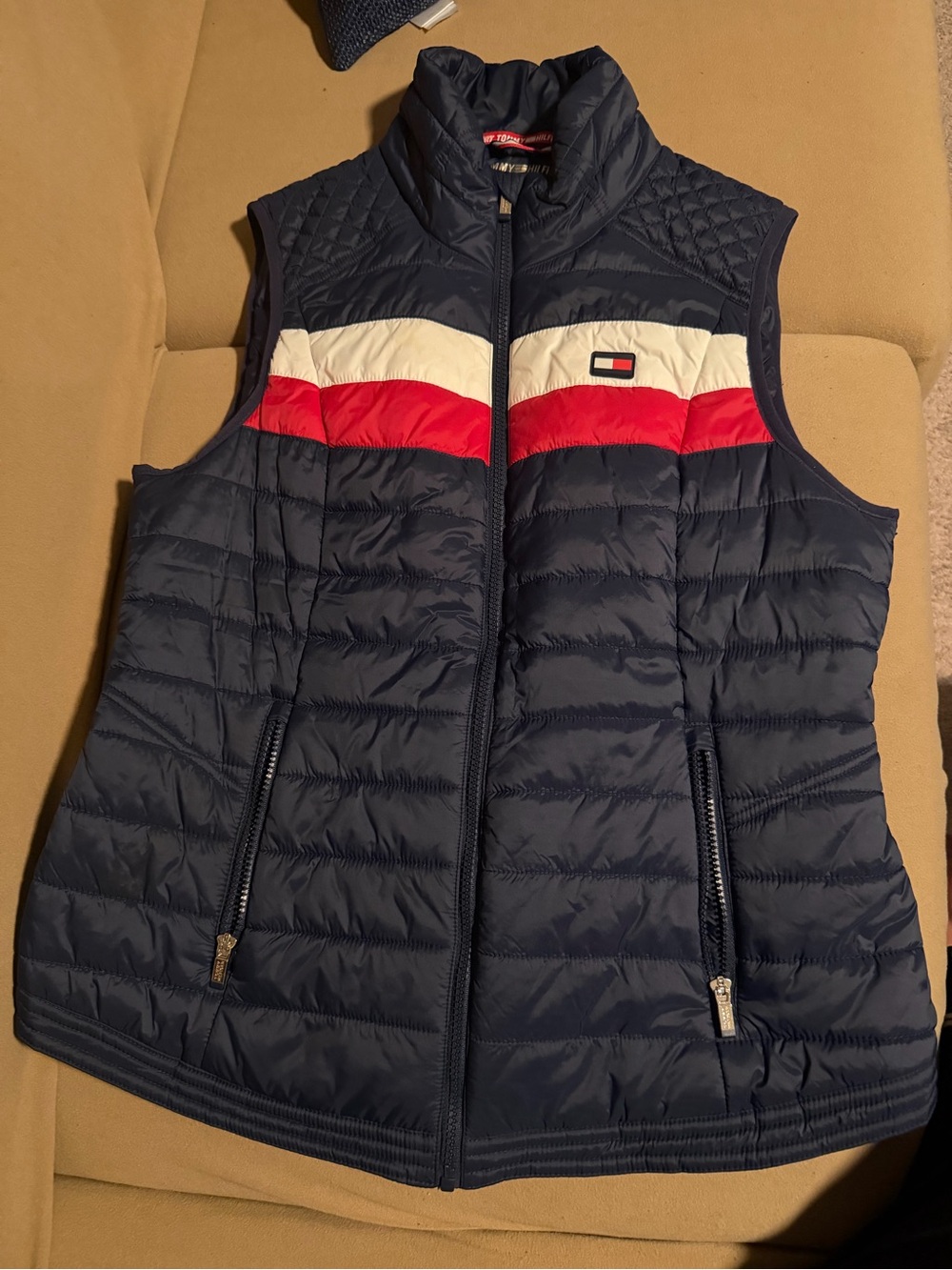 Tommy Hilfiger Navy Puffer Vest with Red & White Chest Stripe